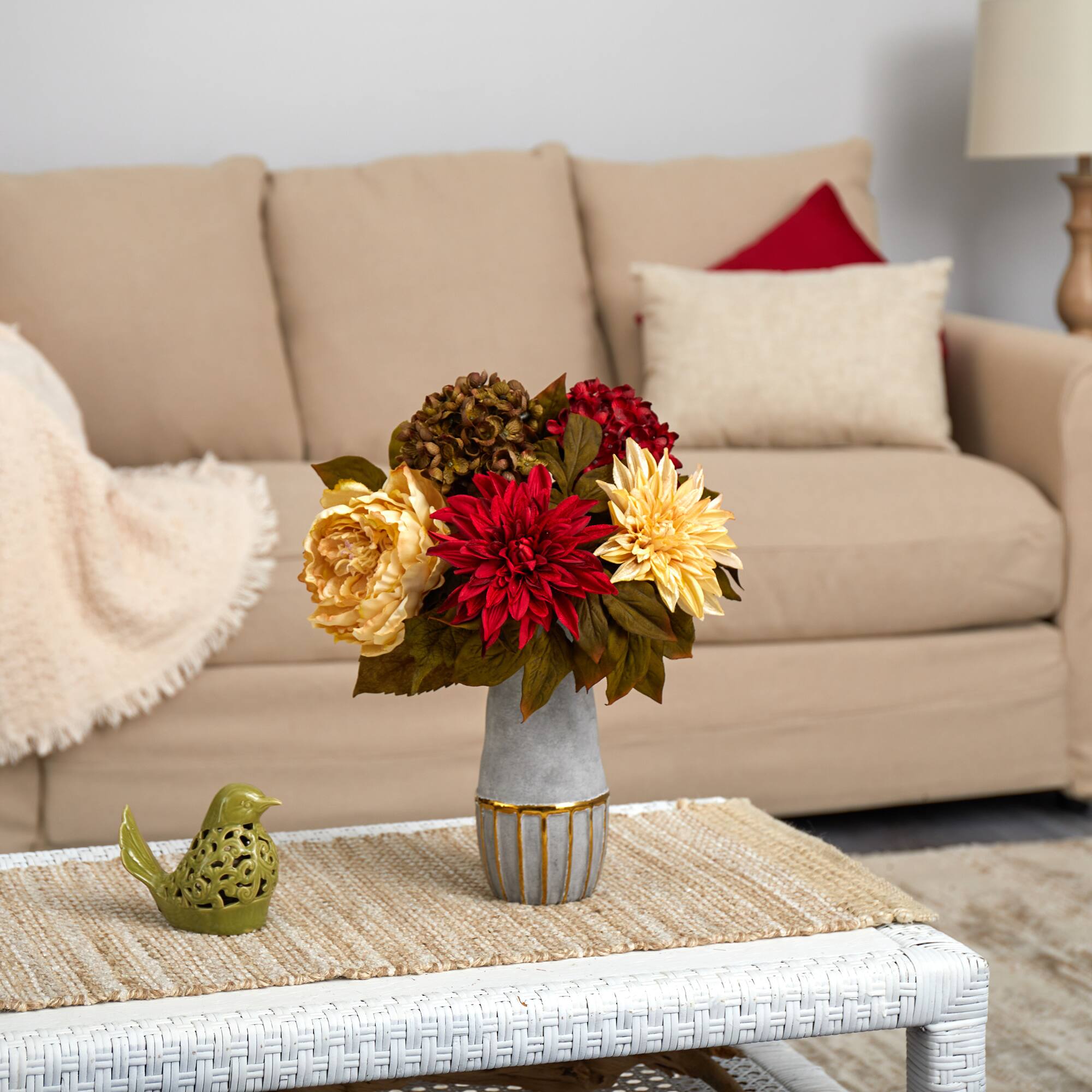 17" Peony, Hydrangea & Dahlia Arrangement in Stoneware Vase with Gold Trimming